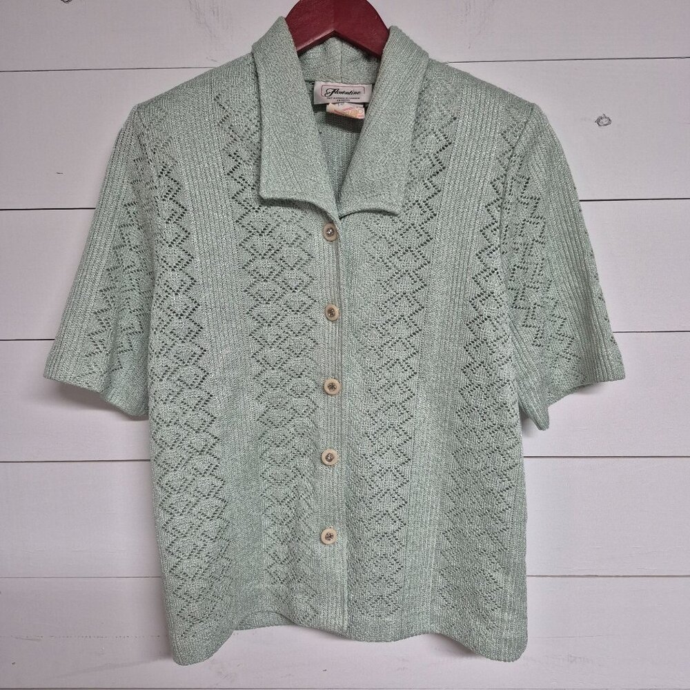 Vintage Florentine Womens Knit Cardigan Sz 10 Mint Green Short Sleeve Button-Up